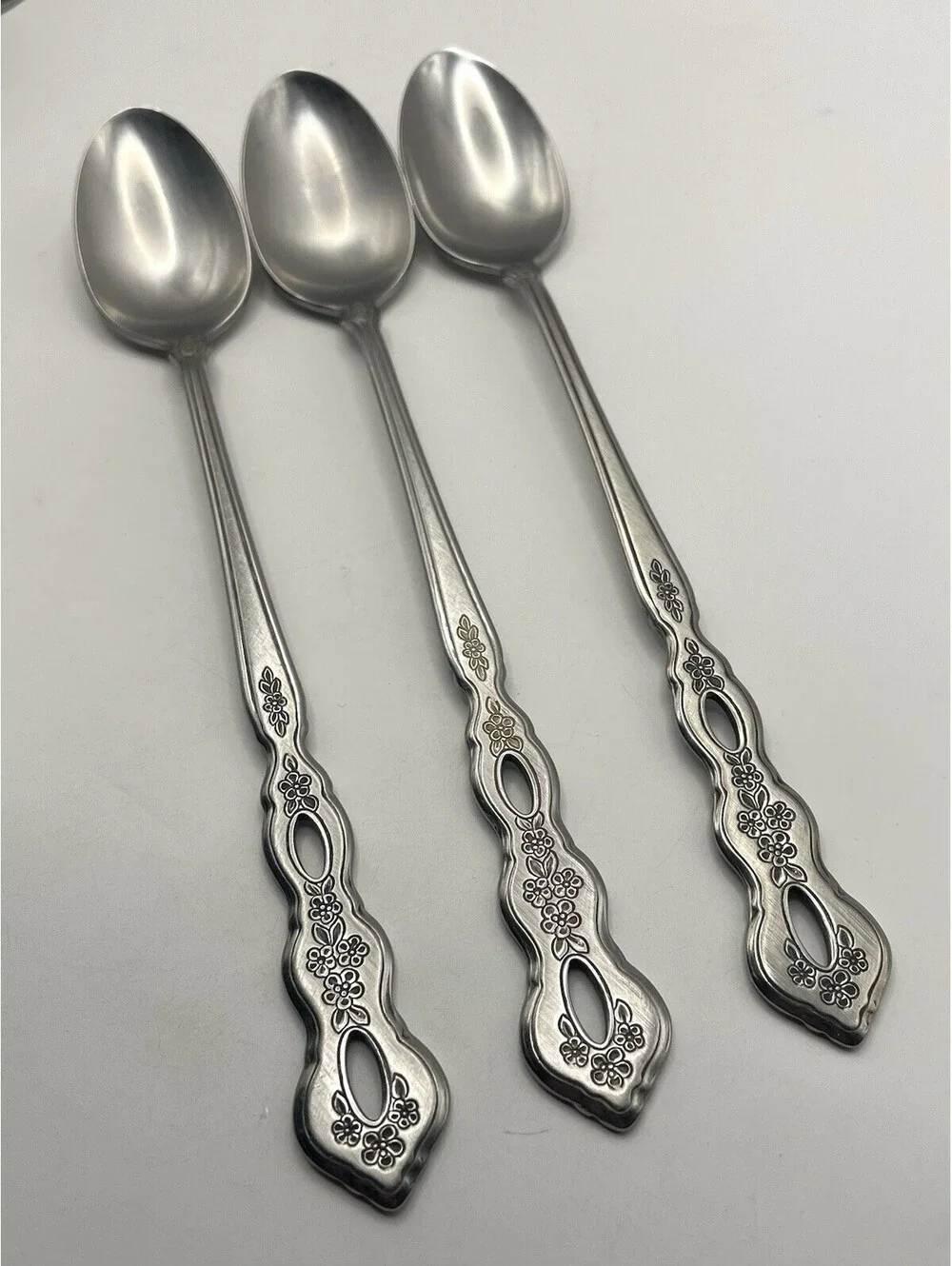 3- Oneida Community FANTASY Burnished Stainless Pierced Iced Tea spoon ~ 7 5/8”